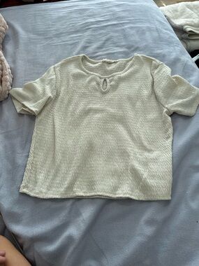 Cream Short-Sleeve Textured Keyhole Top